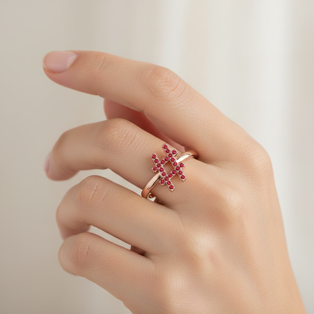 Ruby Hashtag Symbol Ring In Rose Tone - Two