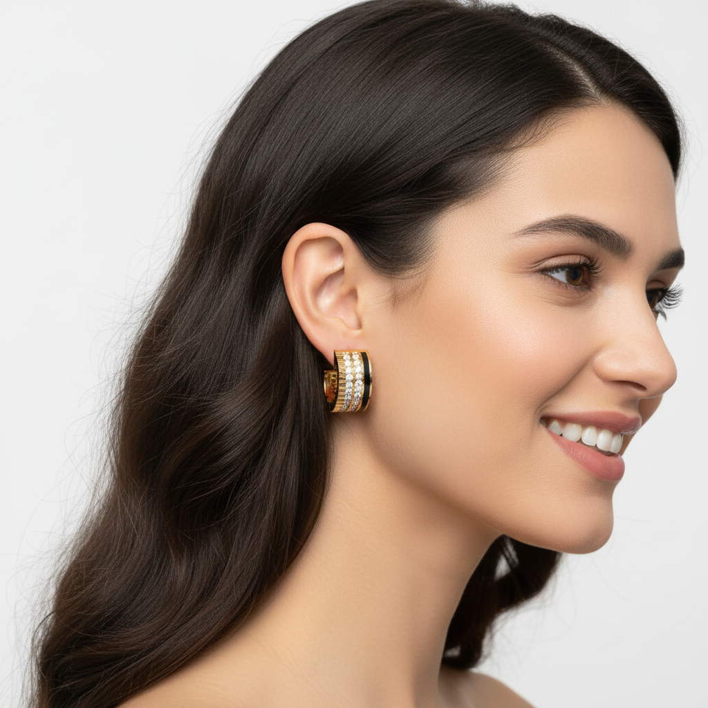 Triple Row Diamond Hoop Earrings In White Gold With Black Enamel – Modern Luxury Hoops | Jebij - Two