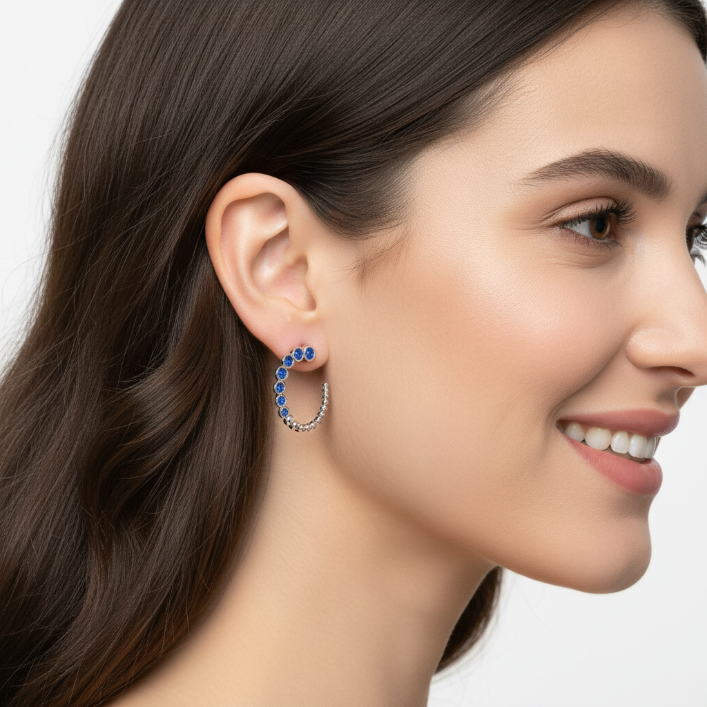 Blue Sapphire Beaded Circle Hoop Earrings With Screw Backs - Two