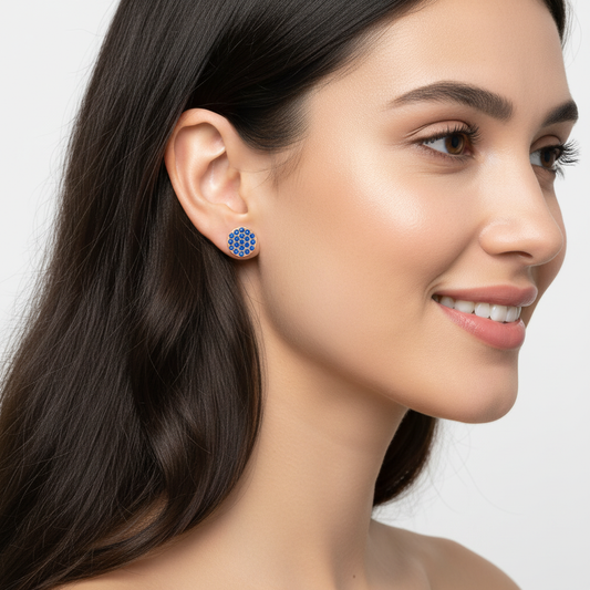 Blue Sapphire Pav Disc Stud Earrings With Screw Back - Two