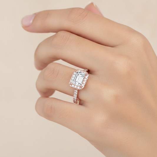 Emerald Cut Halo Diamond Engagement Ring In 925 Sterling Silver - Fourteen
