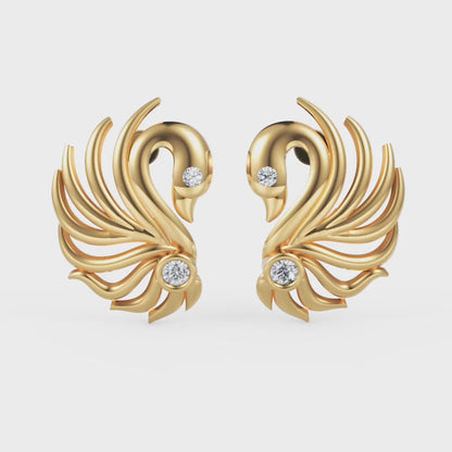 Gold Feather Stud Earrings with Peacock Accent