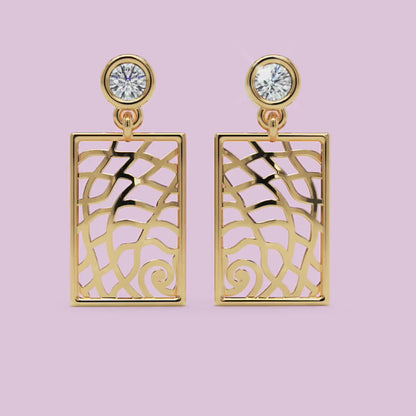 14K Gold Filigree Rectangle Earrings Diamond Studs